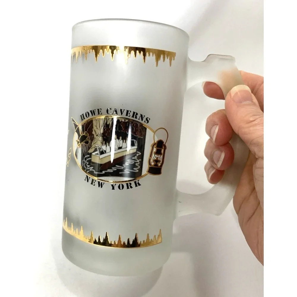 Howe‎ Caverns New York Souvenir Beer Mug Frosted Glass Painted See Thru Window